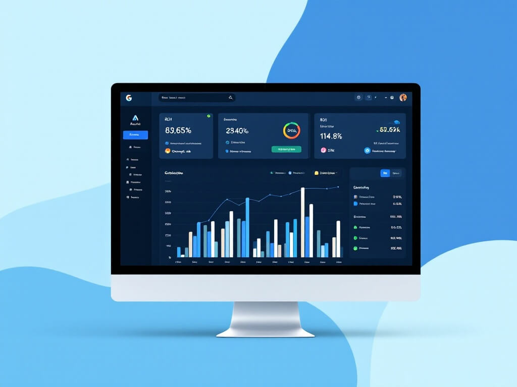 Google Ads performance dashboard displayed on an iMac screen, showcasing key PPC metrics, ad spend insights, and conversion tracking against a modern blue abstract background